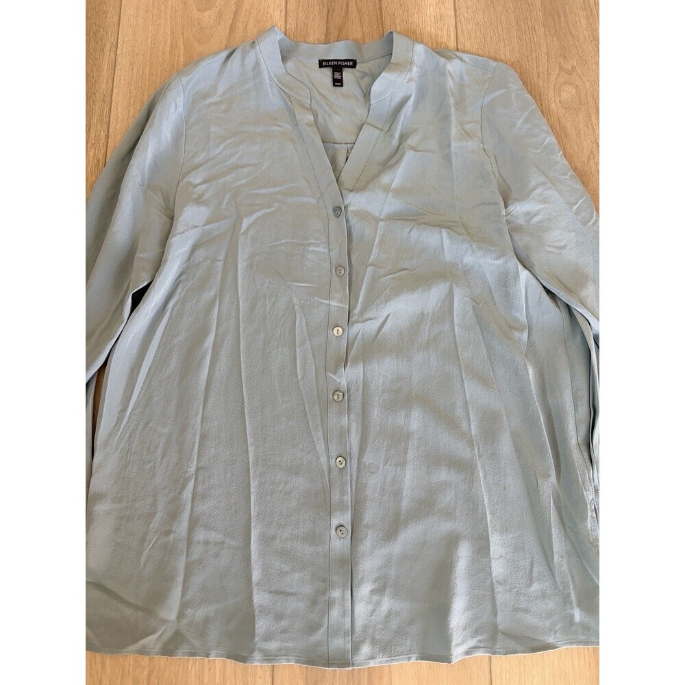 Eileen Fisher Frost Silk Georgette Mandarin Collar Long Sleeve Shirt Women Med - Picture 2 of 7